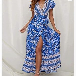 Women's Bohemian Floral Printed Wrap V Neck Short Sleeve Maxi Dress